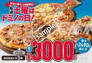 北海道3周年記念！ドミノの日 お好きなSサイズピザ3枚 3000円〜